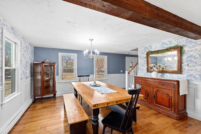 dining room with wallpapered walls and wainscoting