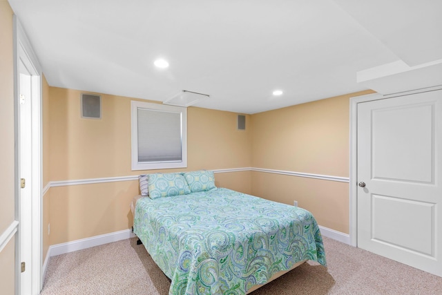 carpeted bedroom with recessed lighting and baseboards