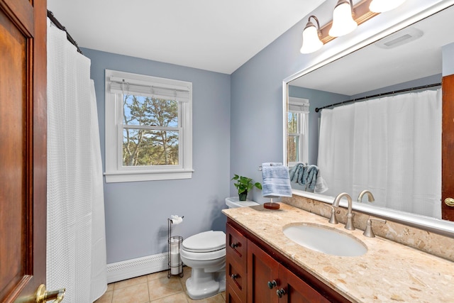 full bathroom featuring a baseboard radiator, tile patterned flooring, toilet, vanity, and baseboards