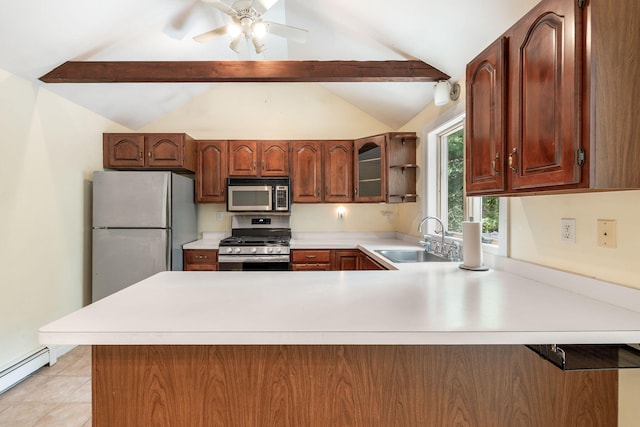 66 Chuckles Way, Marstons Mills, MA 02648 - kitchen featuring appliances with stainless steel finishes, a peninsula, light countertops, a baseboard radiator, and a ceiling fan