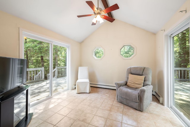 66 Chuckles Way, Marstons Mills, MA 02648 - sitting room with a baseboard radiator, plenty of natural light, light tile patterned flooring, beamed ceiling, and high vaulted ceiling