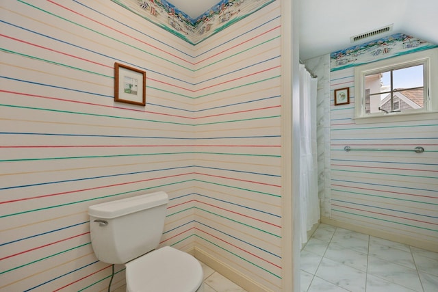 30 Deer Run, Orleans, MA 02653 - bathroom with visible vents, toilet, wood walls, marble finish floor, and vaulted ceiling