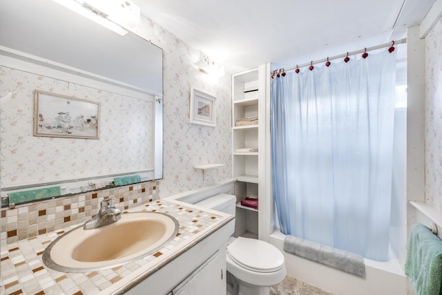 full bathroom featuring vanity, toilet, shower / tub combo, and tasteful backsplash