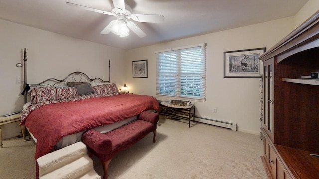 bedroom with ceiling fan and light colored carpet