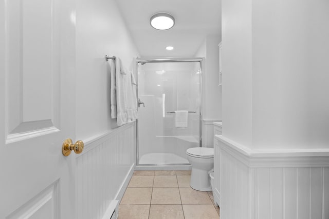 496 Shore Rd Unit 16, Truro, MA 02666 - bathroom featuring a wainscoted wall, tile patterned flooring, a shower stall, and toilet