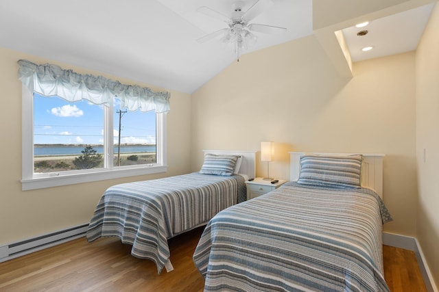 496 Shore Rd Unit 16, Truro, MA 02666 - bedroom with a ceiling fan, lofted ceiling, and wood finished floors