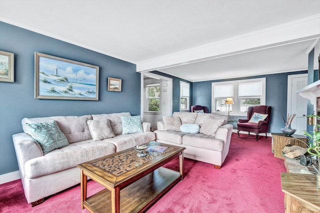 carpeted living room with beamed ceiling, a wealth of natural light, and ornamental molding