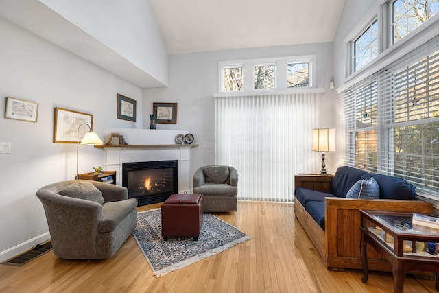 living room featuring high vaulted ceiling and light hardwood / wood-style floors