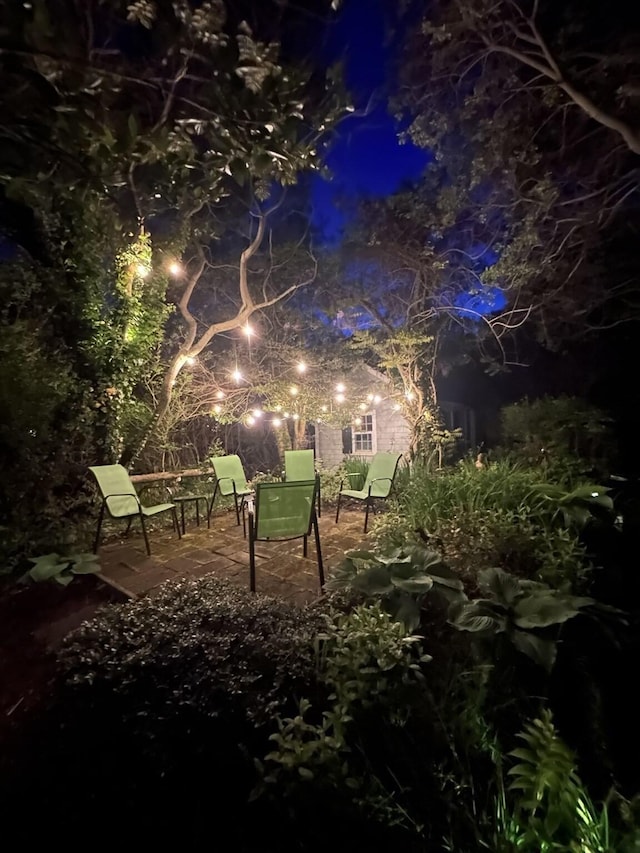 yard at twilight featuring a patio area