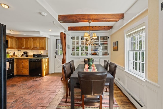 dining space with a baseboard radiator, beam ceiling, a chandelier, and brick floors