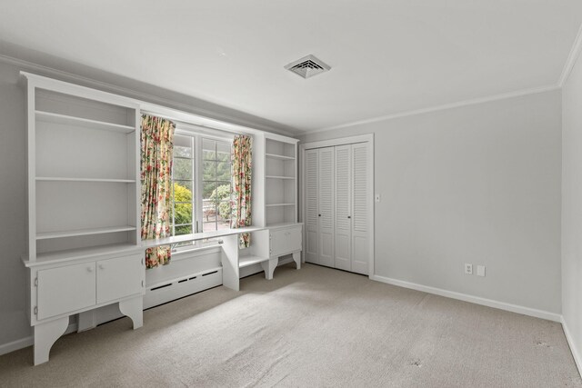 bedroom with ornamental molding, a baseboard radiator, and light colored carpet