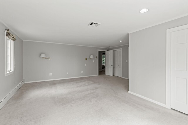 bathroom featuring walk in shower, vanity, and crown molding