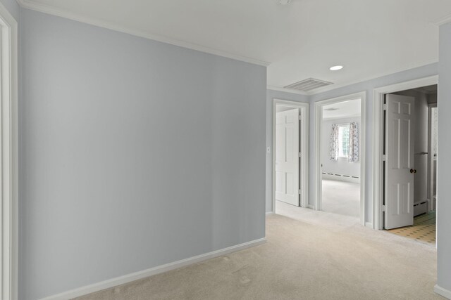 bathroom with vanity, crown molding, and a shower with shower door