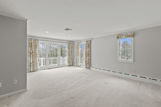 carpeted bedroom featuring ornamental molding and a closet