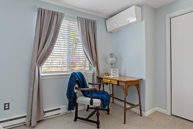 carpeted office with baseboards, a baseboard radiator, and a wall mounted air conditioner