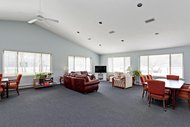 living room with carpet floors, high vaulted ceiling, visible vents, and ceiling fan