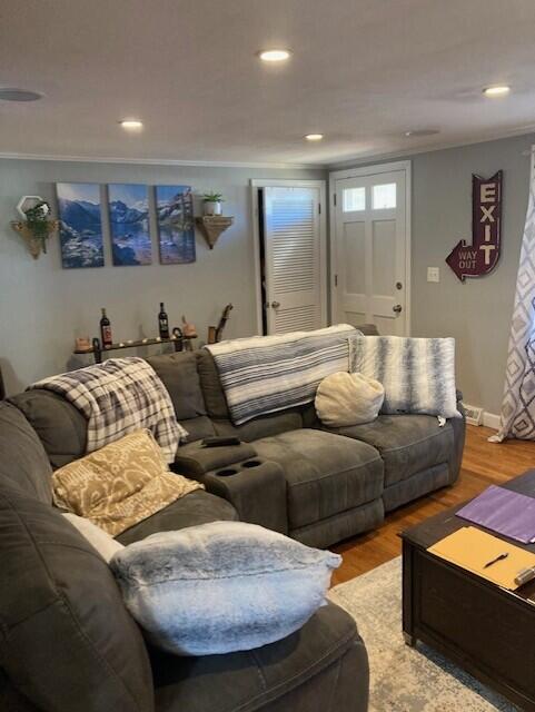 25 Buckwood Dr, South Yarmouth, MA 02664 - living room featuring light wood-style flooring, ornamental molding, and recessed lighting