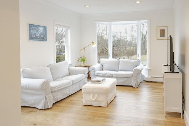 living room with crown molding, light hardwood / wood-style floors, and a baseboard heating unit