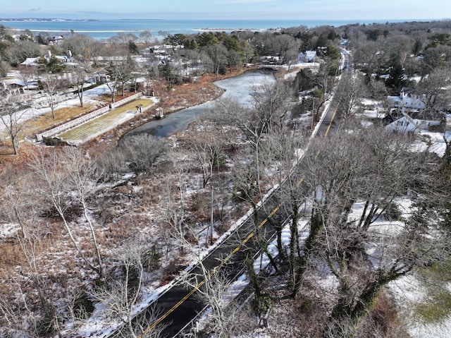 snowy aerial view with a water view