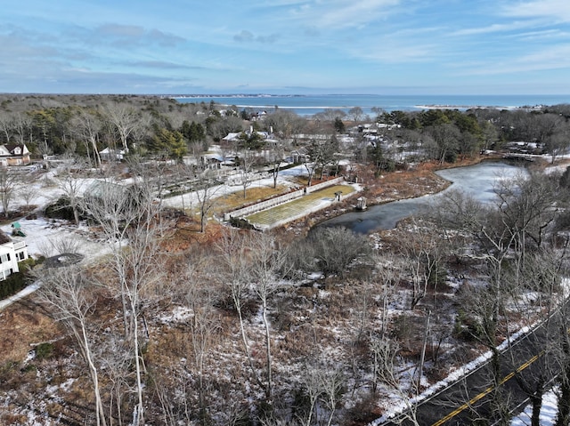 snowy aerial view featuring a water view