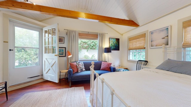 bedroom featuring wooden ceiling and vaulted ceiling with beams