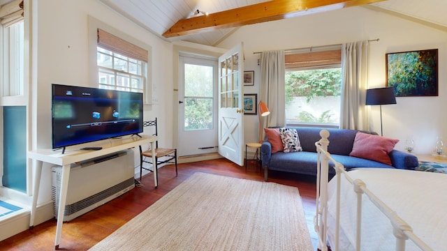 living room featuring wood ceiling, a healthy amount of sunlight, vaulted ceiling with beams, and hardwood / wood-style floors