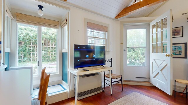 entryway featuring vaulted ceiling with beams, dark hardwood / wood-style floors, and wooden ceiling