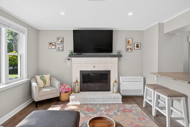 24 Tabor Rd, Forestdale, MA 02644 - living room with ornamental molding, wood finished floors, recessed lighting, and a fireplace
