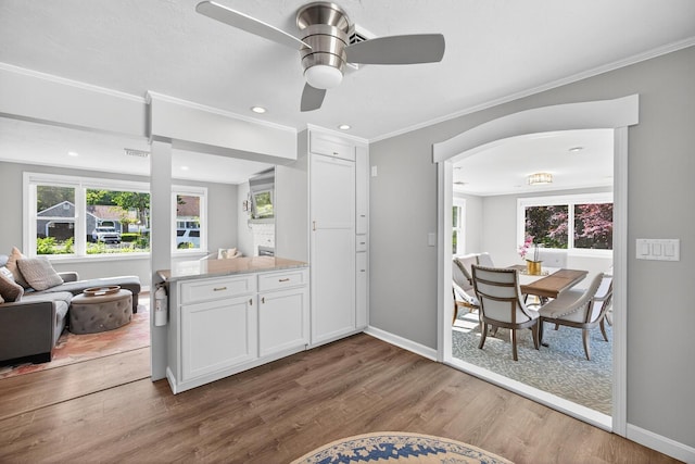 24 Tabor Rd, Forestdale, MA 02644 - kitchen featuring open floor plan, wood finished floors, white cabinetry, plenty of natural light, and ornamental molding