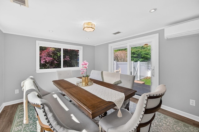 24 Tabor Rd, Forestdale, MA 02644 - dining space featuring a wall mounted air conditioner, wood finished floors, crown molding, and recessed lighting