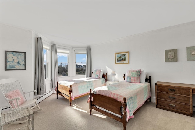 carpeted bedroom featuring ornamental molding