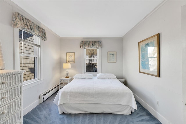 carpeted bedroom featuring a baseboard radiator and ornamental molding