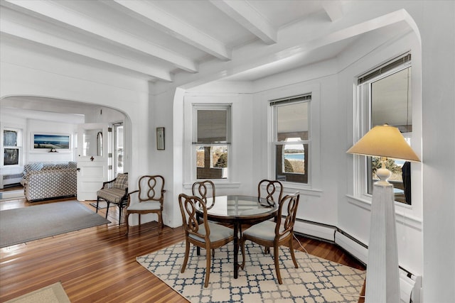 dining room with wood-type flooring, a baseboard heating unit, radiator heating unit, and beamed ceiling