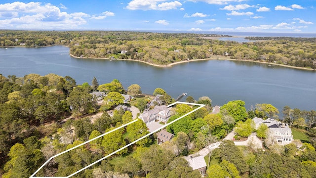 64 Pershing Ln, Orleans, MA 02653 - aerial view of property and surrounding area with a heavily wooded area, property boundaries highlighted, and a large body of water