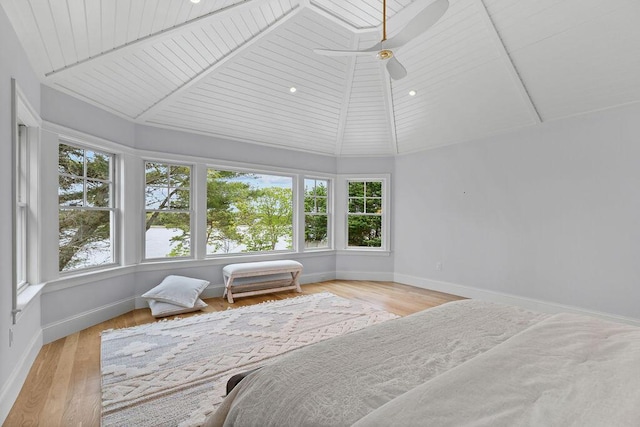 64 Pershing Ln, Orleans, MA 02653 - bedroom featuring lofted ceiling, baseboards, wood finished floors, wooden ceiling, and ceiling fan