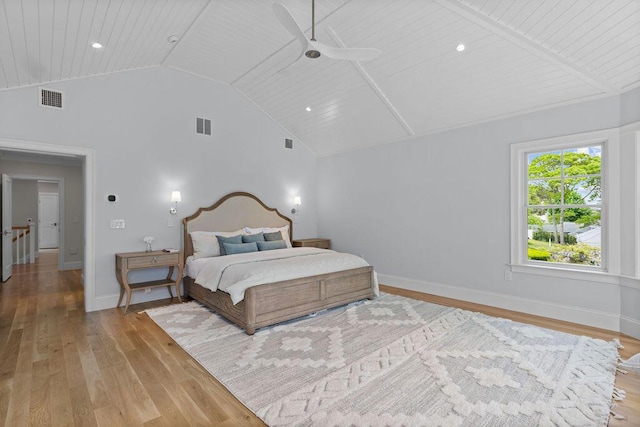 64 Pershing Ln, Orleans, MA 02653 - bedroom with light wood-style floors, baseboards, recessed lighting, wood ceiling, and a ceiling fan
