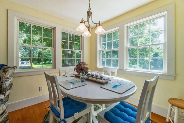 dining space with baseboards, a chandelier, wood finished floors, and a healthy amount of sunlight