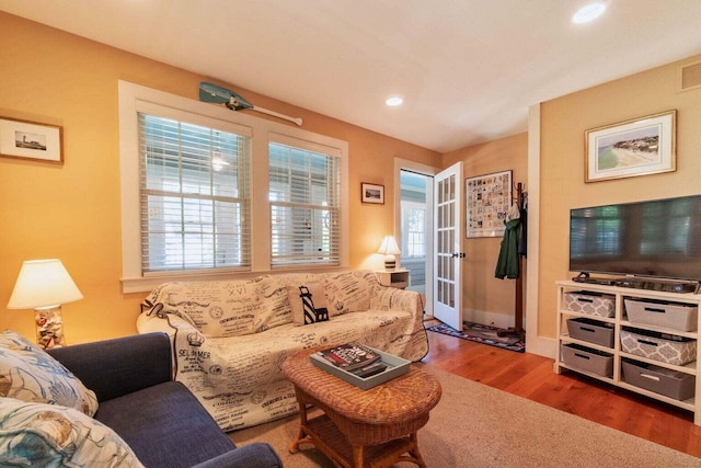 living room featuring dark wood-type flooring