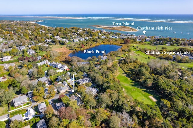 bird's eye view with a water view and golf course view