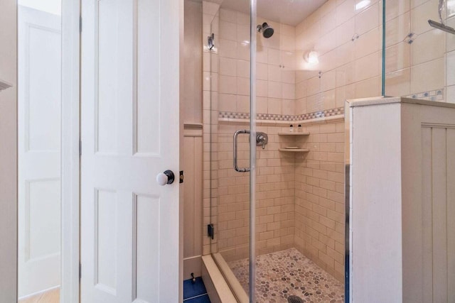 bathroom featuring a shower with door