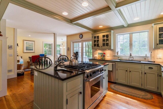 kitchen featuring sink, an island with sink, light hardwood / wood-style floors, and appliances with stainless steel finishes