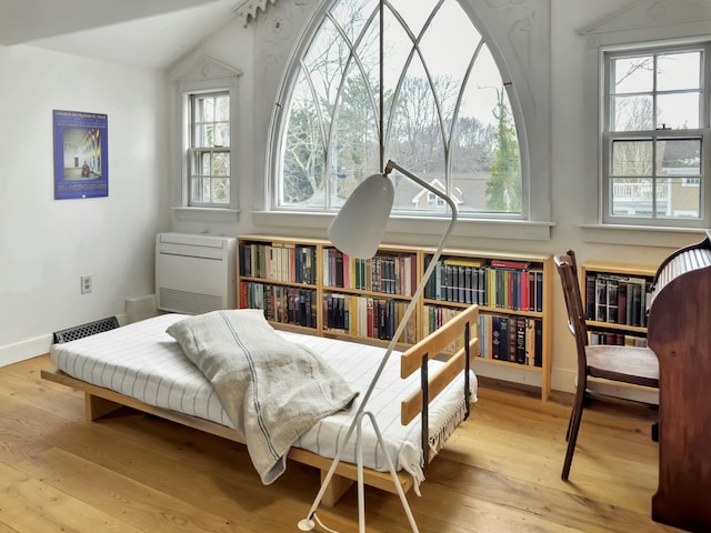 sitting room featuring vaulted ceiling, plenty of natural light, and light hardwood / wood-style flooring