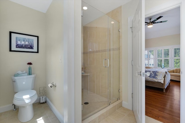 101 Pheasant Hill Cir, Cotuit, MA 02635 - bathroom with a shower stall, ensuite bathroom, a ceiling fan, and tile patterned flooring