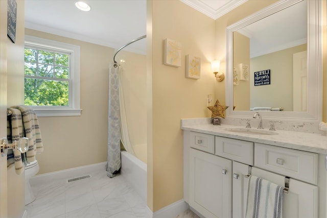 101 Pheasant Hill Cir, Cotuit, MA 02635 - bathroom with vanity, shower / bath combo, marble look tiles, and ornamental molding
