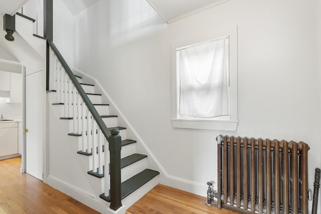 104R Homes Ave, Boston, MA 02123 - stairs featuring radiator heating unit, wood finished floors, baseboards, and ornamental molding