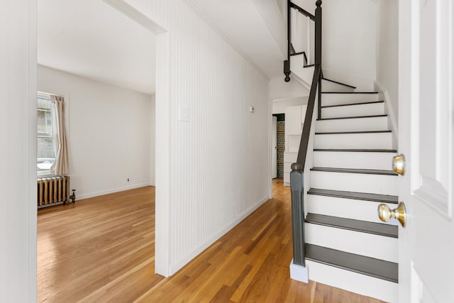 104R Homes Ave, Boston, MA 02123 - stairway with radiator heating unit, wood finished floors, and baseboards