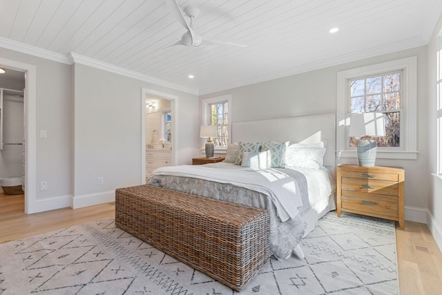 bedroom with ceiling fan, light hardwood / wood-style flooring, ensuite bath, and wood ceiling