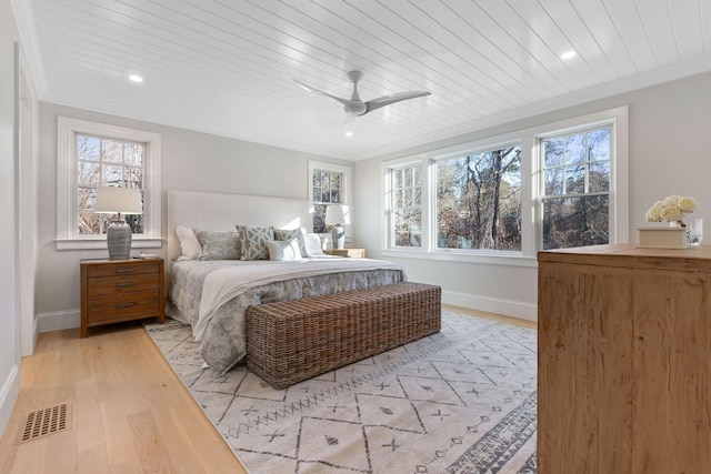 bedroom with ceiling fan, crown molding, light hardwood / wood-style floors, and wooden ceiling