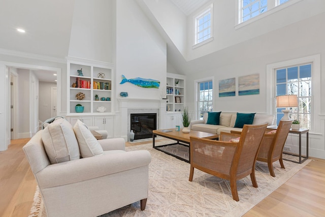 living room featuring light hardwood / wood-style floors, a high ceiling, a wealth of natural light, and a fireplace