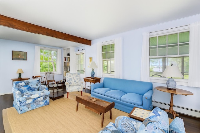 250 Scraggy Neck Rd, Cataumet, MA 02534 - living room featuring a baseboard heating unit, beam ceiling, and wood finished floors